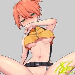 belt black_belt blush breasts creatures_(company) cropped_shirt eyelashes female game_freak green_eyes hair_between_eyes highres implied_sex kashiki_main kasumi_(pokemon) kasumi_(pokemon) legs looking_at_viewer medium_breasts navel nintendo orange_hair pokemon pokemon:_the_electric_tale_of_pikachu shiny_skin shirt short_hair shorts sleeveless sleeveless_shirt solo spread_legs tears thighs underboob yellow_shirt