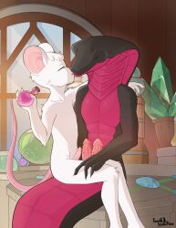 2024 absurd_res anthro closed_eyes duo erection eyebrows fur genitals hi_res kissing laboratory male male/male mammal nude on_lap penis pink_penis rodent seductive sitting_on_lap slim sonofan