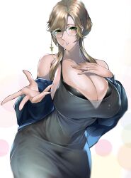 1girls absurd_res ade_(nikke) bare_shoulders black_bra blonde_hair blush bra bra_cups_sticking_out bra_visible_through_clothes breasts cleavage cosplay d_(killer_wife)_(nikke) d_(killer_wife)_(nikke)_(cosplay) dress earrings eyebrows_visible_through_hair female female_only glasses goddess_of_victory:_nikke green_eyes hairbun hand_on_breast huge_breasts light-skinned_female light_skin looking_at_viewer ring sidelocks simple_background sweater sweater_removed tight_clothing tight_dress wedding_ring zenatsu