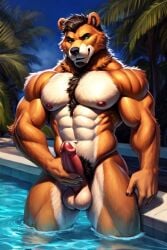 ai_generated anthro bear dick_in_hand furry gay hairy hairy_chest hairy_male male male_only muscular pubic_hair solo solo_male thong thong_aside