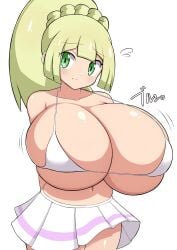 1girls absurd_res absurdres aged_up belly_button big_breasts blonde_hair blush bra breasts breasts_bigger_than_head cleavage collarbone female female_only green_eyes heart highres huge_breasts jaga334 japanese_text large_breasts lillie_(pokemon) nintendo pokemon pokemon_sm pokemon_trainer skirt solo underboob