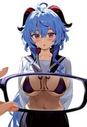 ai_generated bikini bikini_top blue_hair blush breasts ganyu_(genshin_impact) genshin_impact glasses large_breasts looking_at_viewer mihoyo nipples sailor_collar school_uniform stable_diffusion sweatdrop video_game_character x-ray_glasses