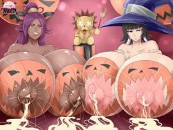 2girls artist_name big_breasts black_hair black_hair_female bleach bodypaint cat_ears dark-skinned_female dark_skin female/female grimotk hat holloween kon_(bleach) lactation multiple_girls pale-skinned_female pale_skin purple_hair purple_hair_female shihouin_yoruichi soifon