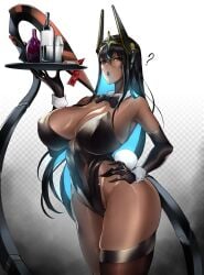 1girls ? absurd_res alcohol ass bangs black_hair black_legwear black_leotard black_lipstick bowtie breasts bunny_tail bunnysuit cleavage collar condom condom_box condom_wrapper condoms dark-skinned_female dark_skin detached_collar eyebrows_visible_through_hair female_only gloves goddess_of_victory:_nikke hair_ornament holding_object horns huge_breasts indivilia leotard lipstick long_hair long_tail looking_at_viewer navel red_eyes tail thick_thighs thighs tray two_tone_hair zenatsu