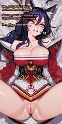 ahri ai_generated bboing_ai big_breasts black_hair braided_hair breast_press breast_squeeze cleavage fox_ears fox_girl fox_tail imminent_sex league_of_legends league_of_legends:_wild_rift looking_at_another mosaic_censoring pussy sideways_glance slit_pupils spread_legs uncensored yellow_eyes