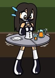 1girls 2017 alenonimo bondage brown_eyes brown_hair collar collar_ring corset female glass human human_only latex looking_down muzzled orange_juice original pitcher plate png solo sweatdrop table tagme waitress waitress_uniform