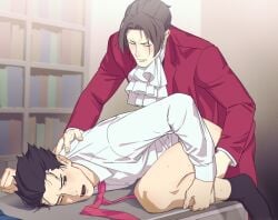 2boys anal ascot blush bottomless closed_eyes collared_shirt gyakuten_saiban highres kune_akiro male_focus miles_edgeworth multiple_boys naruhodou_ryuuichi one_eye_closed parted_bangs prone_bone sex shirt socks suit sweat thick_eyebrows three_quarter_view yaoi