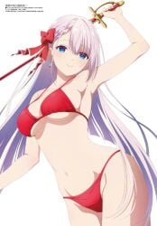 armpits ass_visible_from_the_front bare_arms bare_belly bare_legs bare_shoulders bare_thighs belly_button big_breasts blue_eyes blush breasts long_hair megami_magazine mouth_closed official_art red_swimsuit riselia_ray_crystalia seiken_gakuin_no_maken_tsukai silver_hair smile swimsuit sword sword_in_hand thighs