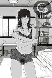 bedroom breasts chainsaw_man dark_hair female hairy_pussy manga_style mitaka_asa net_clothes pubic_hair see-through_clothing sensual serious_face standing underwear yomi_ink