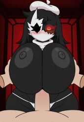 1boy 1girls ai_generated areolae beat_banger beret big_breasts black_body black_hair blush blushing breasts breasts_bigger_than_head breasts_out curvy disembodied_hands female female_focus folly_(regretevator) grabbing_breasts hat male male/female mask masked masked_female nipples panties penis penis_between_breasts red_eyes regretevator roblox roblox_game tagme thighs titjob white_hat