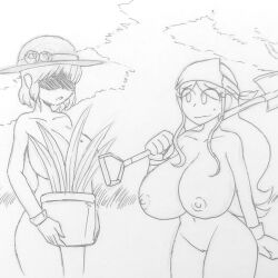 2girls aurelia_synthastasia bandana breasts clara_garcia covering enf4life9 female gardening gloves hat long_hair monochrome nairod103098 naked_bandana naked_gloves naked_hat navel nipples nude nude_female potted_plant pussy short_hair shovel tagme