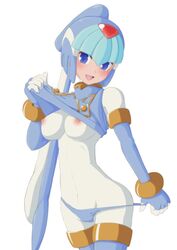 1girls areola blue_eyes blue_hair blush breasts busty cameltoe cleavage erect_nipples exposed_breasts fairy_leviathan female large_breasts mega_man mega_man_zero nipples panty_pull reploid semikichi shirt_lift smiling solo thighhighs thong thong_pull vest_lift voluptuous