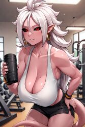 ai_generated android_21 black_nails black_sclera cleavage crop_top evodubeai gym gym_uniform huge_breasts majin_android_21 muscles red_eyes shorts tail white_hair workout