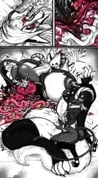 absurd_res alternate_version_at_source anal anthro big_breasts bisected black_and_white blood blood_from_mouth blood_in_mouth blood_splatter bodily_fluids bottomless canid canid_demon canine choker closed_eyes cum cum_from_mouth cum_in_ass cum_in_mouth cum_in_stomach cum_inflation cum_inside cum_vomit cut_in_half demon exposed_organs female forced genital_fluids gore group guro gutfuck guts hellhound helluva_boss helpless hi_res horn humanoid intestines large_breasts larger_female legwear loona_(helluva_boss) male male/female mammal mythological_canine mythological_creature mythology on_ground organs pool_of_blood pussy rape size_difference skarma smaller_male snuff threesome uncensored underboob vomiting vomiting_blood wound_penetration