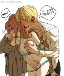 1boy 1girls ass blonde_hair blue_eyes blush bra breasts brown_hair charlotte_pudding couple curly_eyebrows english_text facial_hair female fingering full-face_blush grabbing grabbing_another's_breast imminent_penetration large_breasts long_hair looking_at_another male one_piece open_clothes open_shirt pants ritayaart1 short_hair spoken_ellipsis straight sweatdrop thighs third_eye underwear vinsmoke_sanji