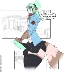 absurd_res ailurid anthro anuki ass big_bulge big_butt big_penis big_tail bottomwear bulge clothing collar embarrassed erection erection_under_skirt femboy genitals gozer_mocha green_hair hair hi_res huge_bulge huge_cock legwear mammal penis red_panda skirt solo tail thick_thighs thigh_highs