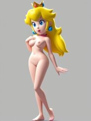 ai_generated blonde_hair blue_eyes breasts crown edit hand_on_breast lipstick mario_(series) nintendo nipples nude official_style princess_peach pussy simple_background stable_diffusion