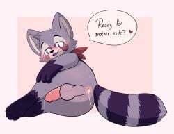 anthro ass balls blush bodily_fluids cum english_text erection genital_fluids genitals hi_res indigo_park male mammal penis procyonid pukizel_(artist) raccoon rambley_(indigo_park) simple_background smile solo text