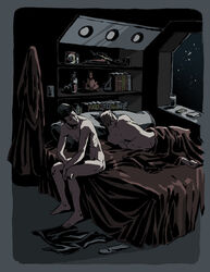 after_sex alien bedroom digital_media_(artwork) gay human in_bed james_t._kirk male multiple_males night nude space spock star_trek yaoi