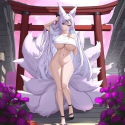 ai_generated animal_ears big_breasts bottomless breasts fan_character female female_focus female_only fox fox_ears fox_girl fox_tail kitsune kitsunemimi large_breasts long_hair multiple_tails nine_tailed_fox original original_character partially_clothed partially_nude perfect_body semi_nude sexykitsune tails thick_thighs underboob white_hair