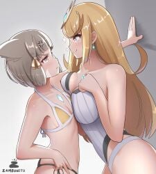 2girls annoyed asymmetrical_docking big_breasts breast_envy breast_press breast_size_difference comparing_breasts core_crystal face_to_face female_only flat_chest height_difference kabedon large_breasts looking_at_another looking_at_partner mythra nia nia_(xenoblade) small_breasts smug standing swimsuit xenoblade_(series) xenoblade_chronicles_2 zambonito