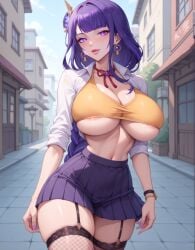 1girls ai_generated buttoned_shirt casual crop_top fishnets genshin_impact huge_breasts leg_stockings legwear lewdwaifulaifu long_hair looking_at_viewer nipple_slip purple_eyes purple_hair raiden_shogun skirt slim_waist thick_thighs thighs underboob