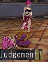 boots brown_boots clothed_female clothed_male diavolo feet_on_balls feet_on_penis green_eyes jojo's_bizarre_adventure jojo_reference judgement meme on_the_floor pink_hair ps2 rome stepping_on_penis tagme trish_una vento_aureo