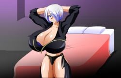 1girls angel_(kof) bed bedroom big_breasts big_breasts blue_eyes breasts breasts breasts female giant_breasts hands_behind_head huge_breasts jacket kaimanwanio king_of_fighters legwear light-skinned_female light_skin looking_at_viewer pillow pov short_hair smile smiling_at_viewer thighs thin_waist thong voluptuous voluptuous_female white_hair