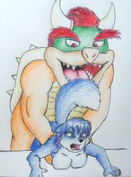 anthro blue_hair bowser color crossover drawn female fox from_behind front_view fur furry furry_tail hair interspecies koopa krystal male mario_(series) nintendo open_mouth raised_tail red_hair sex sharp_teeth star_fox tail the_roop