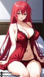 ai_generated alternate_breast_size babydoll cleavage covered_nipples date_a_live gumi_arts itsuka_kotori lace_trim large_breasts looking_at_viewer naughty_face navel panties red_eyes red_hair sitting stable_diffusion thick_thighs