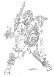 1girls breasts cassandra_alexandra female female_only human medium_breasts monochrome naga26 open_mouth shield short_hair silf sketch solo soul_calibur soul_calibur_ii soul_calibur_iii sword torn_clothes