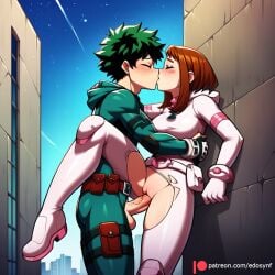 1boy against_wall ai_generated belt blush bodysuit boku_no_hero_academia boots breasts brown_hair building canon_couple closed_eyes clothed_sex couple day edosynf female freckles from_side gloves green_bodysuit green_hair highres hood izuku_midoriya izuocha kissing leg_lift leg_up medium_breasts midoriya_izuku my_hero_academia ochako_uraraka outdoors penis pussy red_belt self_upload sex short_hair sidelocks sky standing standing_on_one_leg standing_sex straight testicles torn_bodysuit torn_clothes uncensored uraraka_ochako vaginal_penetration white_bodysuit