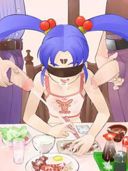 1girls 2boys blindfold blue_hair censored chopsticks cum cum_on_food eating eating_cum ejaculation female food male multiple_boys open_fly penis sasami_masaki_jurai small_breasts tagme tenchi_muyo! twintails