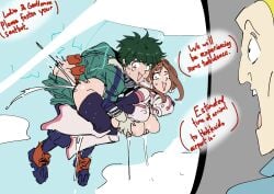 1girls 2boys airplane all_fours ambiguous_penetration areolae bathsalts1 big_breasts blonde_hair boku_no_hero_academia breast_grab breasts breasts_out brown_hair cum cum_inside doggy_style female flying freckles green_hair groping hero_outfit_(mha) heterosexual izuku_midoriya lactation light-skinned_female light-skinned_male light_skin male/female mile_high_club my_hero_academia nipples ochako_uraraka quirk_(mha) quirk_usage shocked shocked_expression short_hair shoulder_length_hair shounen_jump straight superhero superheroine superpowered_sex sweat sweatdrop