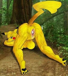 ass back_view breasts color exposed_breasts female female_only fur furry furry_ass furry_breasts nintendo nudity pikachu poke_ball poke_ball_insertion pokeball pokemon pussy solo the_roop vaginal_insertion vulva yellow_fur