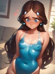 1girls 2024 3:4 aged_up ai_generated arms_behind_back atomdildo avatar_legends avatar_the_last_airbender belly_button blue_eyes blue_swimsuit blush brown_hair collarbone earrings embarrassed erect_nipples female female_focus female_only floating_heart katara living_room long_hair looking_down love_handles nickelodeon self_upload skindentation small_breasts small_waist solo stable_diffusion standing swimsuit tan_skin tight_clothing water_tribe wet_skin wide_hips