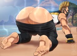 1boy 2d 2d_(artwork) anus_peek artist_logo artist_name ass ass_focus barefoot beach big_ass big_butt blonde_hair butt_focus clothed drift_(fortnite) emissionswhite exposed_ass face_mask feet fortnite gay gloves light-skinned_male light_skin looking_back male male_only mask on_all_fours on_knees pants_down presenting presenting_hindquarters soles solo solo_focus solo_male steam steamy_ass sweaty sweaty_ass sweaty_butt sweaty_feet watermark