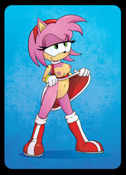 amy_rose anthro blue_background breasts come_hither dress dress_lift female female_only fur gloves green_eyes hedgehog monkeycheese navel nipples pink_fur pussy red_dress sega smile solo sonic_(series) team white_gloves