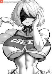 1girls abs bandages bay_(nikke) bay_(nikke)_(cosplay) big_breasts blindfold breasts cheerleader cheerleader_uniform choker cosplay crossover eyes_covered female female_only goddess_of_victory:_nikke hourglass_figure huge_breasts large_breasts light-skinned_female medium_hair monochrome navel nier nier:_automata nier_(series) outfitswap self_upload short_hair underboob wide_hips xhaart yorha_2b