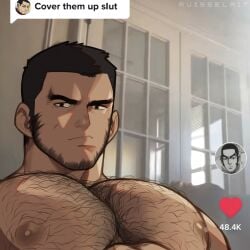 1boy abs bara bara_tiddies bara_tits beard big_pecs black_hair body_hair chest chest_hair cover_them_up_slut facial_hair golden_kamuy hairy hairy_chest hairy_male hajime_tsukishima human human_only looking_at_viewer male male_chest male_focus male_nipples male_only manboobs manly mature mature_male meme meme_reference moobs muscle muscles muscular muscular_male nipples pecs pectorals ruisselait serious_face serious_look short_hair solo solo_focus solo_male tanigaki_genjirou thick_eyebrows tiktok