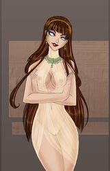 ashiori-chan blue_eyes breasts brown_hair cleo_de_nile earrings egyptian eyeshadow female hairband long_hair looking_away makeup monster_high necklace nipples pussy see-through smirk solo standing