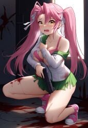 1girls ai_generated ass ass_peek big_breasts blood bra breasts collarbone covered_in_blood covering_breasts crouching crying dark_room female gun highschool_of_the_dead holding_gun light-skinned_female miniskirt open_mouth pink_bra pink_hair pink_shoes saya_takagi scared school_uniform schoolgirl schoolgirl_uniform sideass surprised sweat sweatdrop thick_thighs torn_clothes twintails yellow_eyes