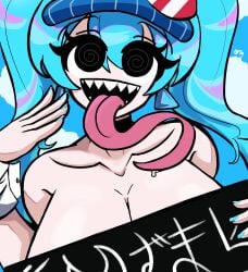 2d background big_breasts big_eyes blue_hair censor_bar censored happy happy_female hat hatsune_miku hypnosis hypnotic_eyes inconvenient_censoring japanese_text large_tongue mind_control nude_female ponytail sharp_teeth teeth theomaiga tongue tongue_out vocaloid white_skin