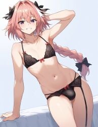 1boy ai_generated astolfo_(fate) braid bulge diettcolaa fate_(series) femboy hand_on_head lingerie narrow_waist otoko_no_ko pink_hair purple_eyes ribs simple_background smile smirk