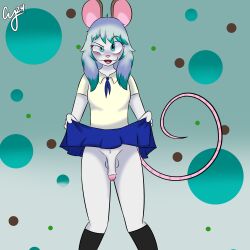 animal_humanoid anthro blue_bottomwear blue_clothing blue_hair blue_skirt blush bottomwear clothed clothing clothing_lift collared_shirt cybeeyoru female genitals gynomorph hair hi_res humanoid intersex male mammal mammal_humanoid mouse mouse_humanoid murid murid_humanoid murine murine_humanoid penis rodent rodent_humanoid school_uniform skirt skirt_lift solo trans_(lore) trans_woman_(lore) uniform