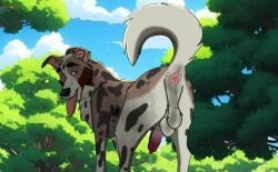 anus balls canid canine canis domestic_dog dripping feral genitals hi_res holidaypup looking_at_viewer looking_back looking_back_at_viewer male mammal outside penis raised_tail rikuroo solo tail