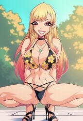 1girls ai_generated anime_nose bikini blonde_hair facing_viewer female female_only fully_clothed high_heels human jewelry kitagawa_marin large_breasts lipstick no_visible_genitalia outdoors pink_highlights red_eyes smile solo sono_bisque_doll_wa_koi_wo_suru spread_legs squatting weird_eyes zfivefan