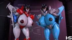 2girls 3d big_breasts blue_body breasts grey_body grey_panties hotstuff huge_breasts large_breasts mechanical_wings red_eyes red_panties rule_63 starscream thundercracker transformers trawert