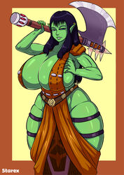 5tarex big_breasts breasts cute_fang dark_hair female green_skin hair orc orc_female solo solo_female thick_thighs weapon