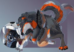 anthro bodily_fluids canid canine canis drooling duo feral feralfather fox from_behind_position hi_res male male/male mammal open_mouth saliva same_size_vore scared serialdad sex stihl swallowing tail tail_motion tailwag unwilling_prey vore wolf